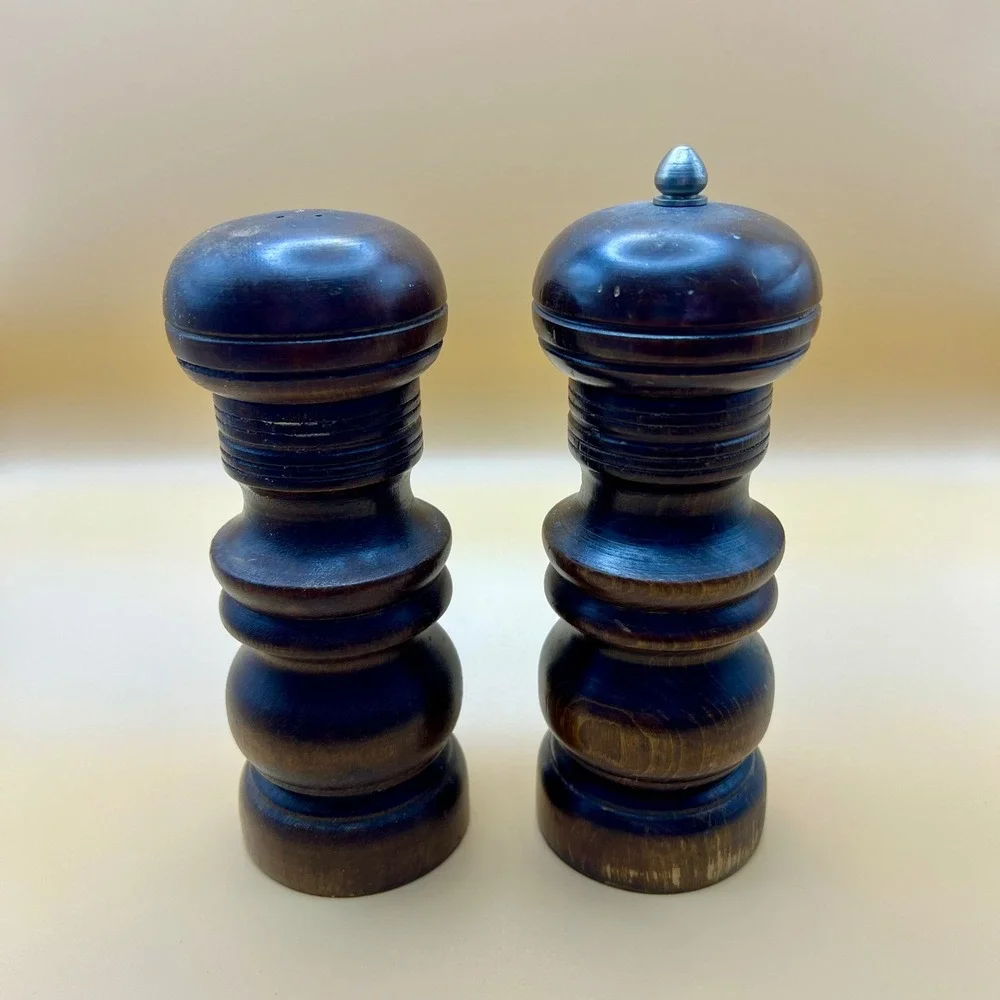 VTG Mid Century Wood Salt Shaker & Pepper Mill Set Turned Wood Espresso Finish